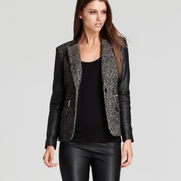 Michael Kors Tweed Wool And Faux Leather Blazer Size 2 - Picture 3 of 16